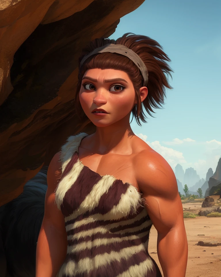 Ugga,brown hair,short hair,brown eyes,muscular,hairband,hair up,
dress,animal print,off shoulder,sleeveless,
standing,looking at viewer,
solo,
small cave,wasteland,
(insanely detailed, beautiful detailed face, masterpiece, best quality),<lora:Ugga-11TCv8:0.8>,