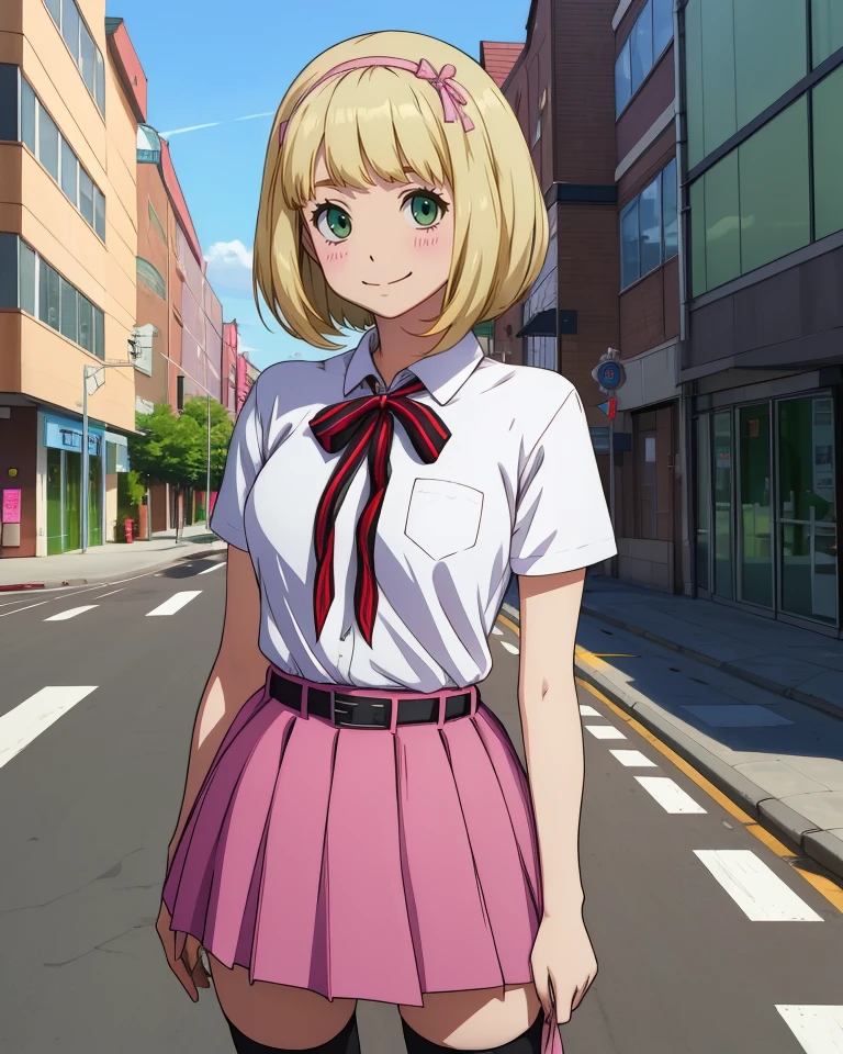 Shiemi,green eyes,blonde hair,short hair,
pink hairband,stripped neck ribbon,white shirt,belt,pink skirt,
standing, black thighhighs,
smile,
street corner,
(insanely detailed, masterpiece, best quality),<lora:Shiemi:0.8>,