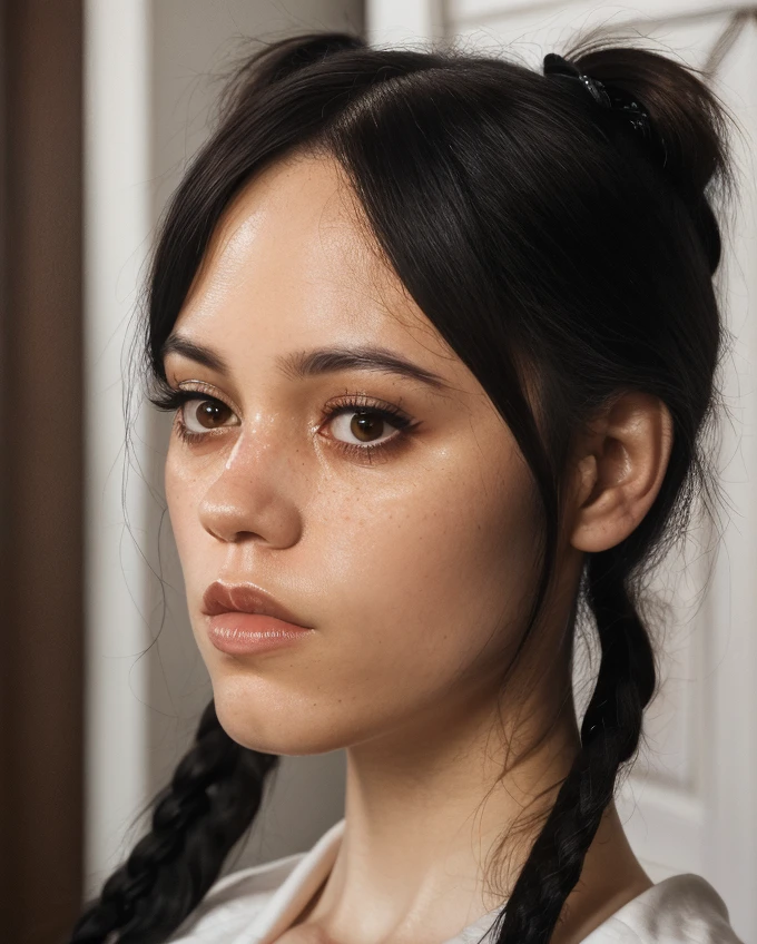 a beautiful picture of w3dn3sday, masterpiece, photorealistic, woman, detailed, 4k, HDR, backlighting, light, RAW color photo,(fully in frame:1.1), detailed skin texture, (blush:0.5), (goosebumps:0.5), pigtails,black hair <lora:w3dn3sday:1>