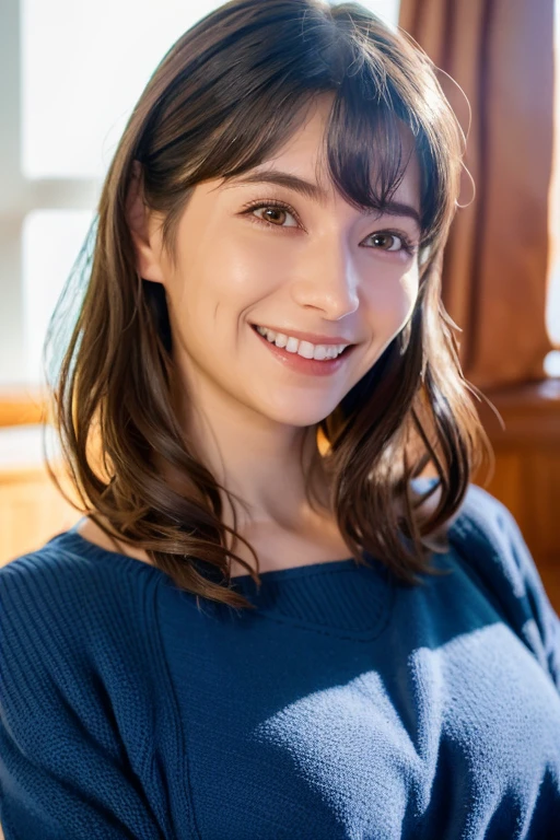 1girl, solo,(blue snuggly wear:1.6),(RAW photo, best quality), (realistic, photo-realistic:1.4), masterpiece, an extremely delicate and beautiful, extremely detailed, 2k wallpaper, Amazing, finely detail, extremely detailed CG unity 8k wallpaper, ultra-detailed, highres, soft light, beautiful detailed girl, extremely detailed eyes and face, beautiful detailed nose, beautiful detailed eyes,(soft light:1.8),(in the living room:2.0),perfect anatomy,(slender body:1.6),(close up face:2.6),(laugh,Friendly, warm:2.0),(looking at viewer:1.8),(japanese idol:1.8),(brown eyes:1.8),(shoulder length hair:1.8),(sitting ont the sofa:1.8),  <lora:lynn_lora-10:0.8>