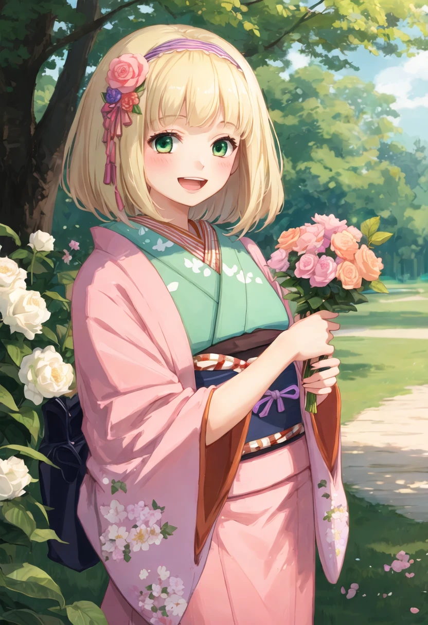 best quality, masterpiece, highres, solo, {moriyama_shiemi:0.90}, 1girl, flower, kimono, smile, open_mouth, blush