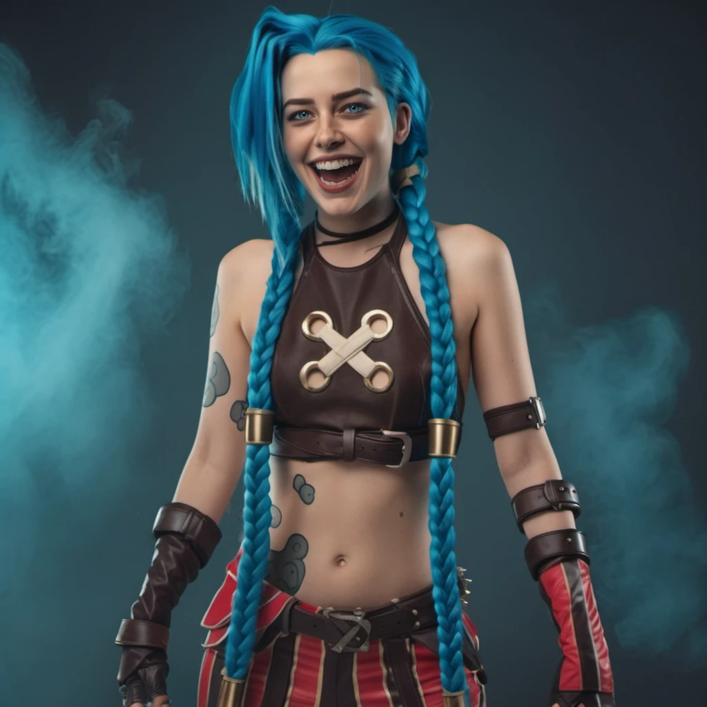 Hyperrealistic art cinematic photo a funny woman, full body,crazy, evil laugh, and blue hair and braids is posing for a picture <lora:Jinx1024-000260:0.8> . Extremely high-resolution details, photographic, realism pushed to extreme, fine texture, incredibly lifelike