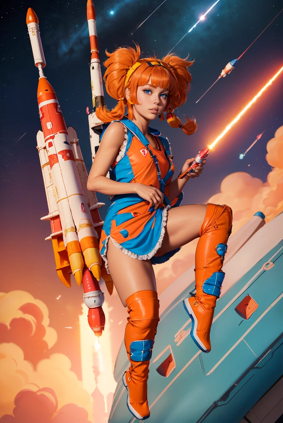80s adult anime woman, (full body photo:1.3), (orange High Pigtails with Colored Hair Ties:1.3), j_sc0tt_1, dress, <lora:j_sc0tt_1-08:0.65>, best quality, high detail, high quality, high res, 4k,eyeliner, pouty lips, blue eyes, detailed skin texture, (blush:0.5), (straddling a rocket ship in flight:1.4)
