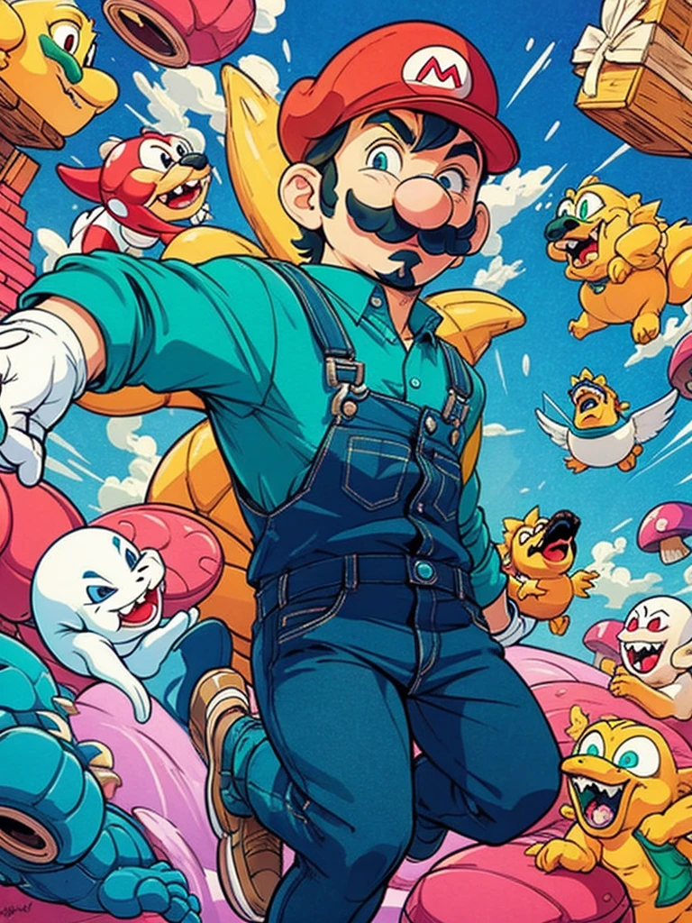 hezi, trend illustration, bright colors, luigi, coin, mario, overalls, boo \(mario\), mustache, gloves, hat, facial hair, cloud, tattoo, multiple boys, white gloves, red shirt, shirt, blue overalls, brown hair, male focus, blue eyes, green headwear, wings, sky, smile, mushroom, teeth, open mouth, blue sky, green shirt, brown footwear, ghost, cube, looking at viewer, bowser, short hair, red headwear, barrel, muscular, 3boys, one eye closed, black hair, dog, day, shoes, fangs, 1boy, turtle shell, closed mouth, midair, thick eyebrows, money, brick, arm up, jumping, tongue, shell, cloudy sky<lora:æ½®æµæç»:0.55>