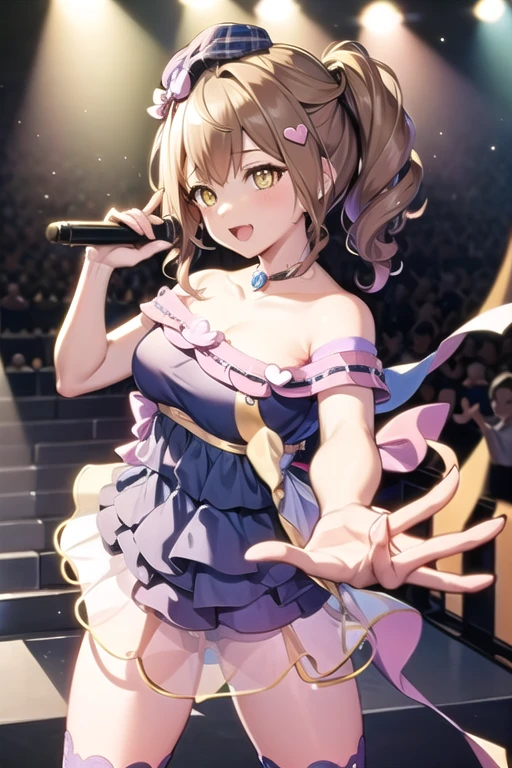 e7idol-sp2, hair ribbon, idol dress, mini hat, microphone, boots, heart shaped decoration, 1girl, solo, stage, yellow eyes