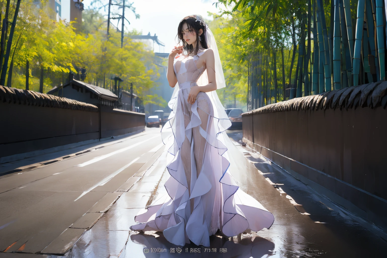 <lora:0135 Chinese red wall_v1:1>,ruanyi0135,outdoors,east asian architecture,bamboo,road,1girl,solo,full body,<lora:0113 Lilac chiffon dress_v1:0.9>,ruanyi0113,wedding dress,, best quality,masterpiece,highres,official art,extremely detailed cg unity 8k wallpaper