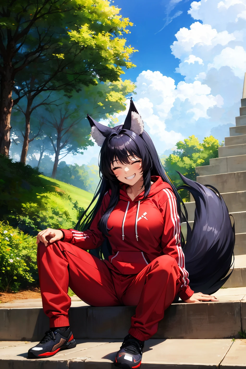 masterpiece, best quality, <lora:delta-nvwls-v1-000010:0.9> delta, black hair, wolf ears, large breasts, red hoodie, grin, closed eyes, red track pants, sitting, stairs, clouds, tail