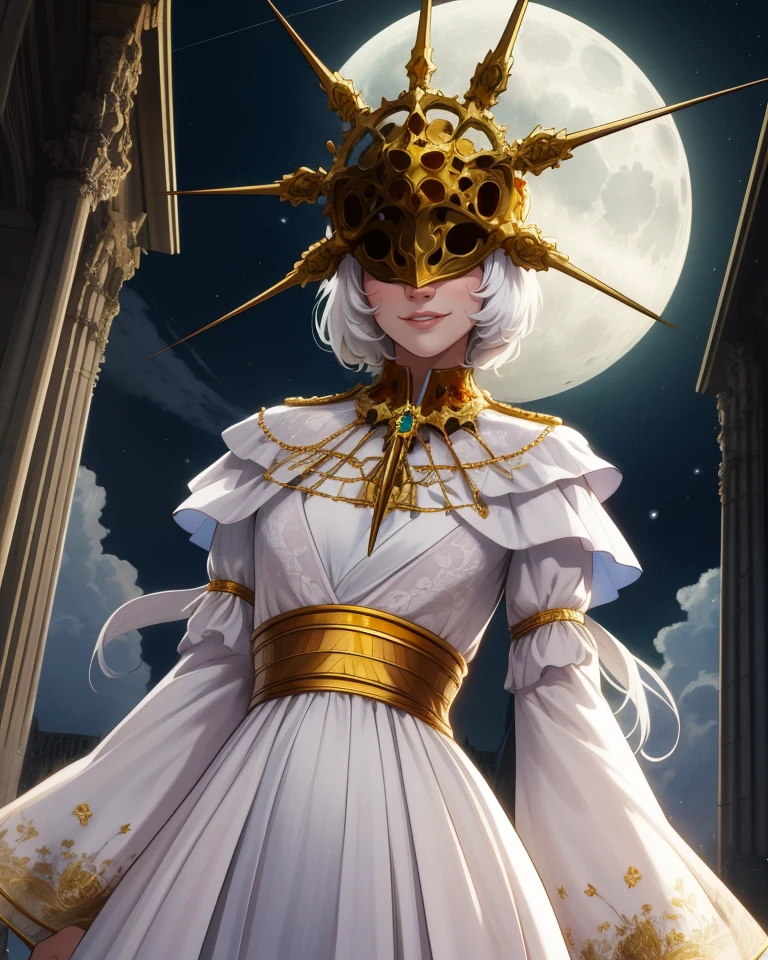 Gwyndolin,white hair,otoko no ko,flat chest,gold mask,covered eyes,
gold jewelry,white dress,long sleeves,light smile,
cathedral,moonlight,
(insanely detailed, masterpiece, best quality),<lora:Gwyndolin-10DSv9:0.8>, dynamic angle,l