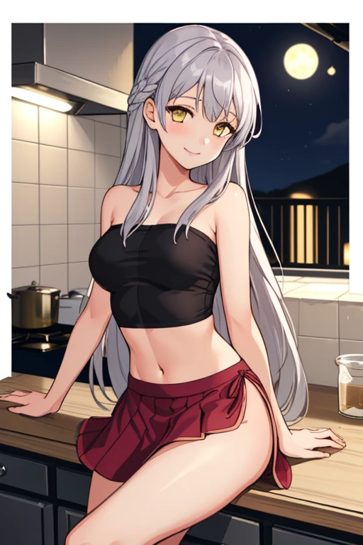 masterpiece, best quality,1girl, solo, facing viewer, <lora:EPfeMicaiah-07:1>, EPfeMicaiah, 1girl, long hair, grey hair, yellow eyes, leading lines, kitchen, night, arm support, tube top, rolled skirt, seductive smile