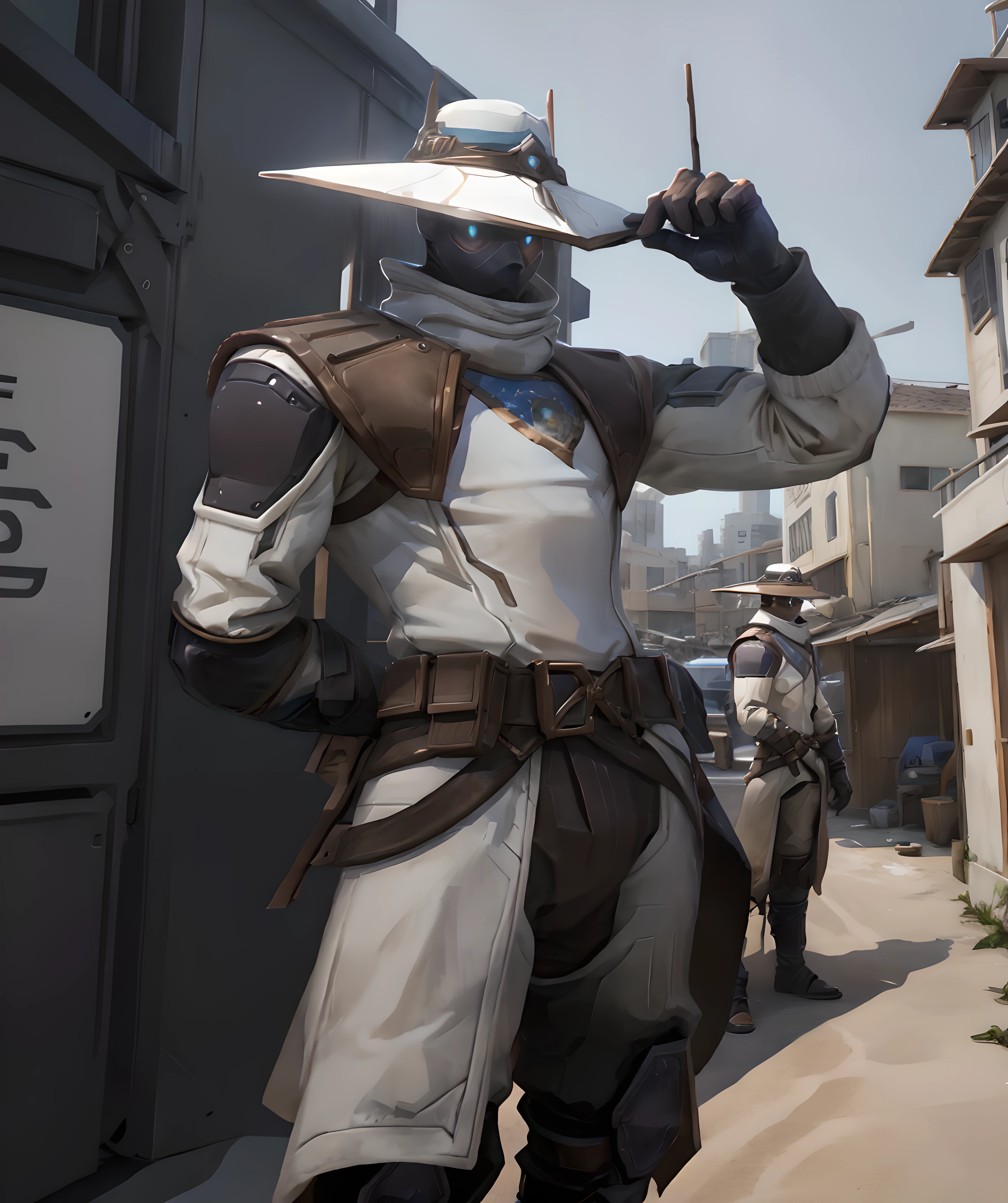 cypher_valorant, looking at viewer, hat, standing, daytime, sunny <lora:Cypher:0.85>