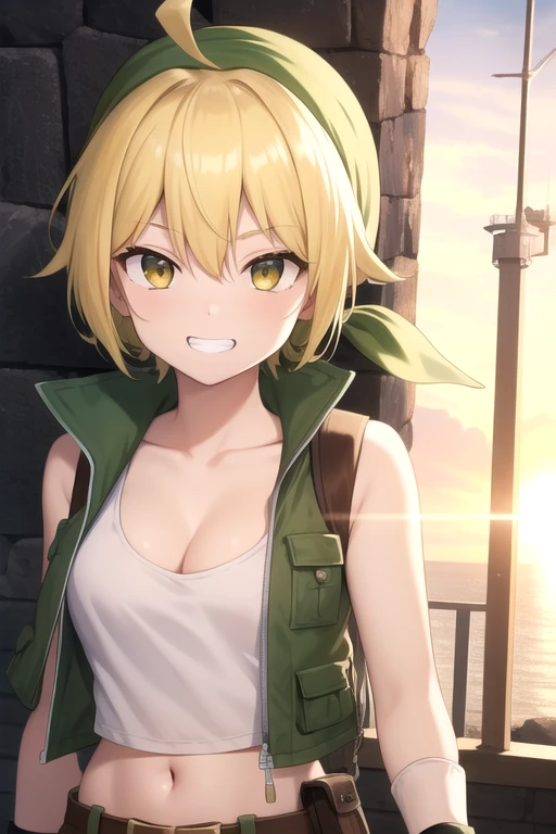 ((masterpiece)),(best quality),official art,extremely detailed CG,unity 8k wallpaper,ultra detailed,beautiful detailed eyes,extremely detailed face,A lighthouse on a cliff by the sea,1girl,solo,upper body,(portrait:1.2),looking at viewer,facing viewer,smirk,grin,Eri Kasamoto(ms),green bandana,long hair,blonde hair,sidelocks,bangs,ahoge,yellow eyes,collarbone,cleavage,crop top,midriff,green vest,tank top,medium breasts,wristband,navel,belt,brown shorts,short shorts,shorts rolled up,hip vent,fanny pack,knee pads,green footwear,boots,<lora:Eri Kasamoto-remake(ms)>,