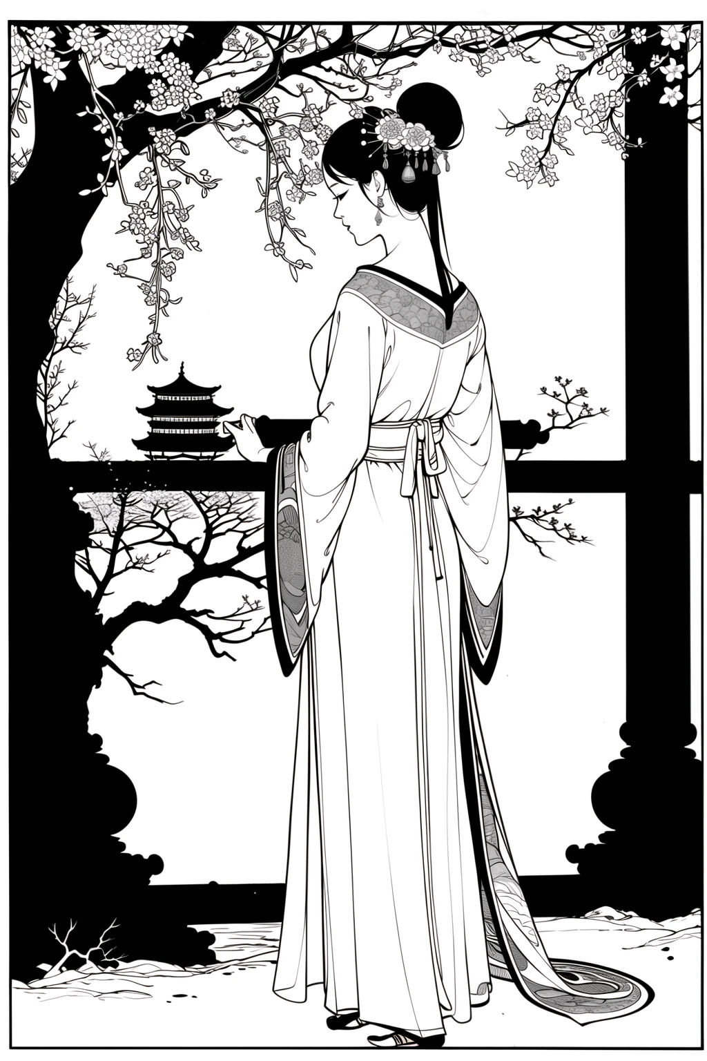 master piece, high quality, a beautiful Chinese girl, long dress, ancient Chinese architecture , peach tree