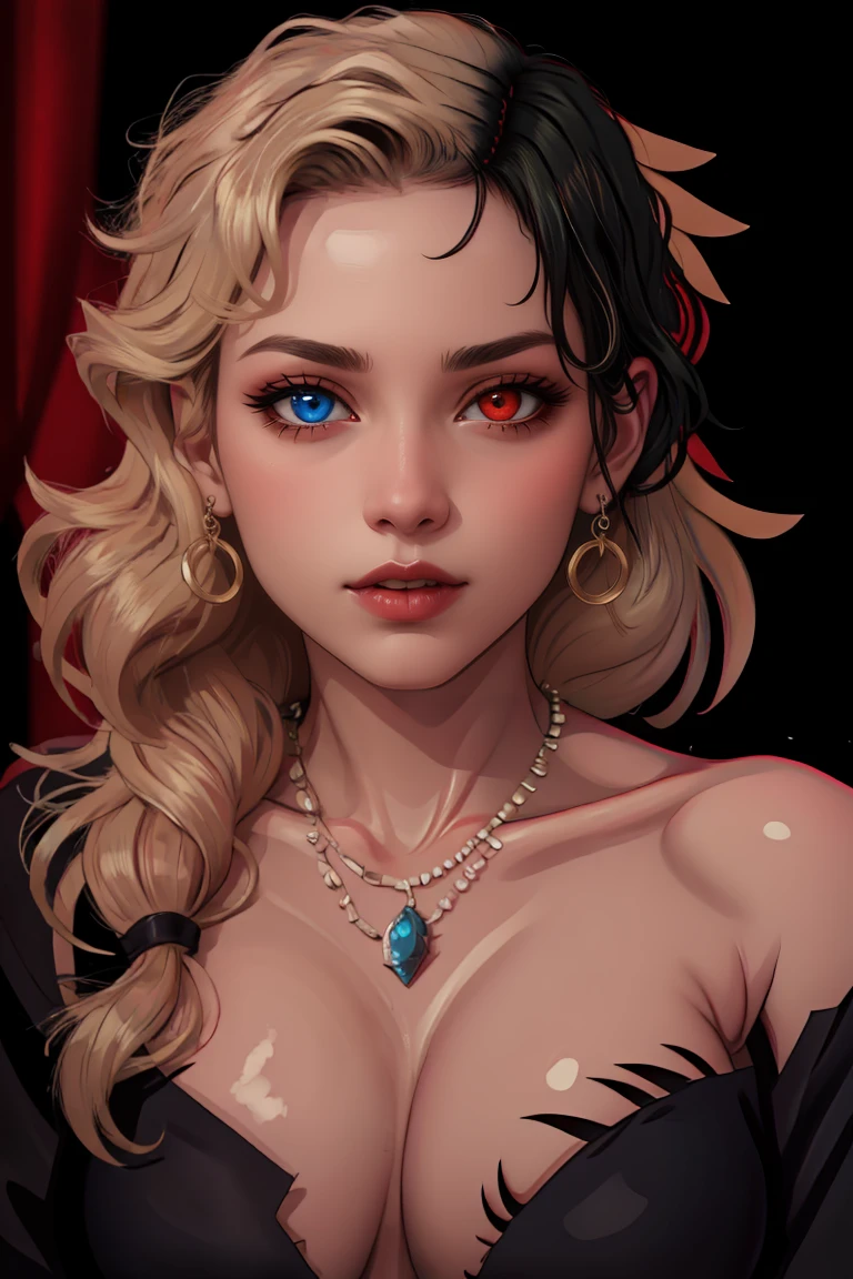 best quality, close-up, red curtains, dark background, 1girl, heterochromia, cleavage, <lora:EnvyBeautyMix05:0.3> <lora:freya_(danmanchi)_v1:0.15> ADDCOMM laurapalmer, blonde, <lora:laurapalmer-09:.6> beautiful, (black dress:1.3), long sleeves, blue eye, heterochromia, collarbone, necklace, BREAK glowing red eyes, bad-girl, mature female, monster, feathers, creature, broc-joanchen, owl, black hair:1.3, feathers:1.3, red eyes:1.3, heterochromia, harpy, short hair, bare shoulder, cleavage, necklace, evil grin, black background, strapless, collarbone, <lora:EnvyMonster01:0.8> <lora:badgirl-v15fix-lora-wdvae-6ep-resize:0.4>