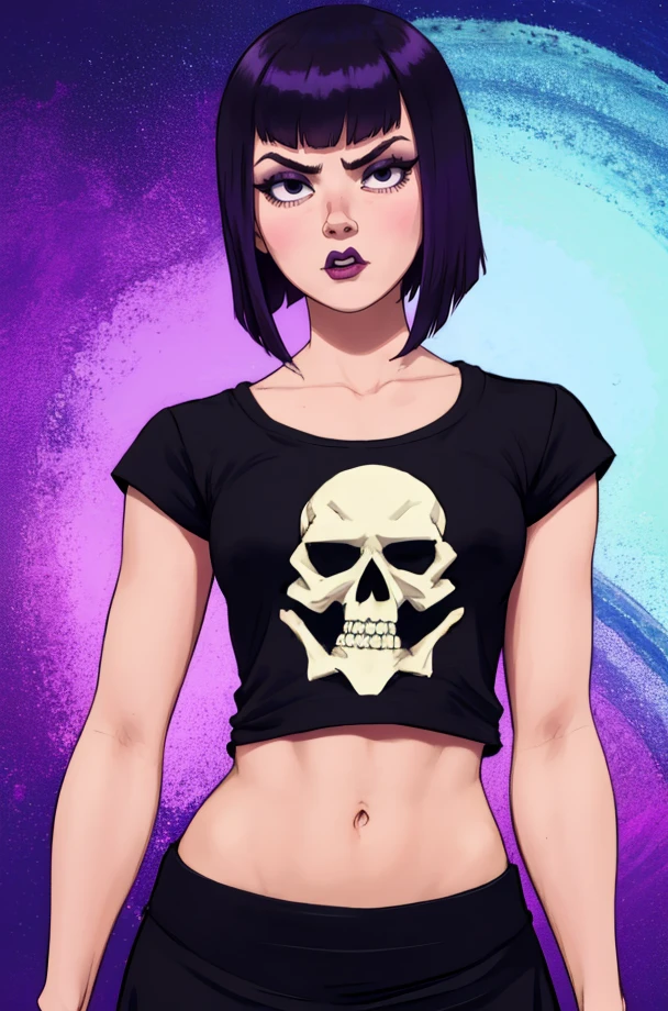 Anime gpth girl with purple hair, silver eyes, brown skin and a black shirt with skulls on it and black ripped jeans (full body)