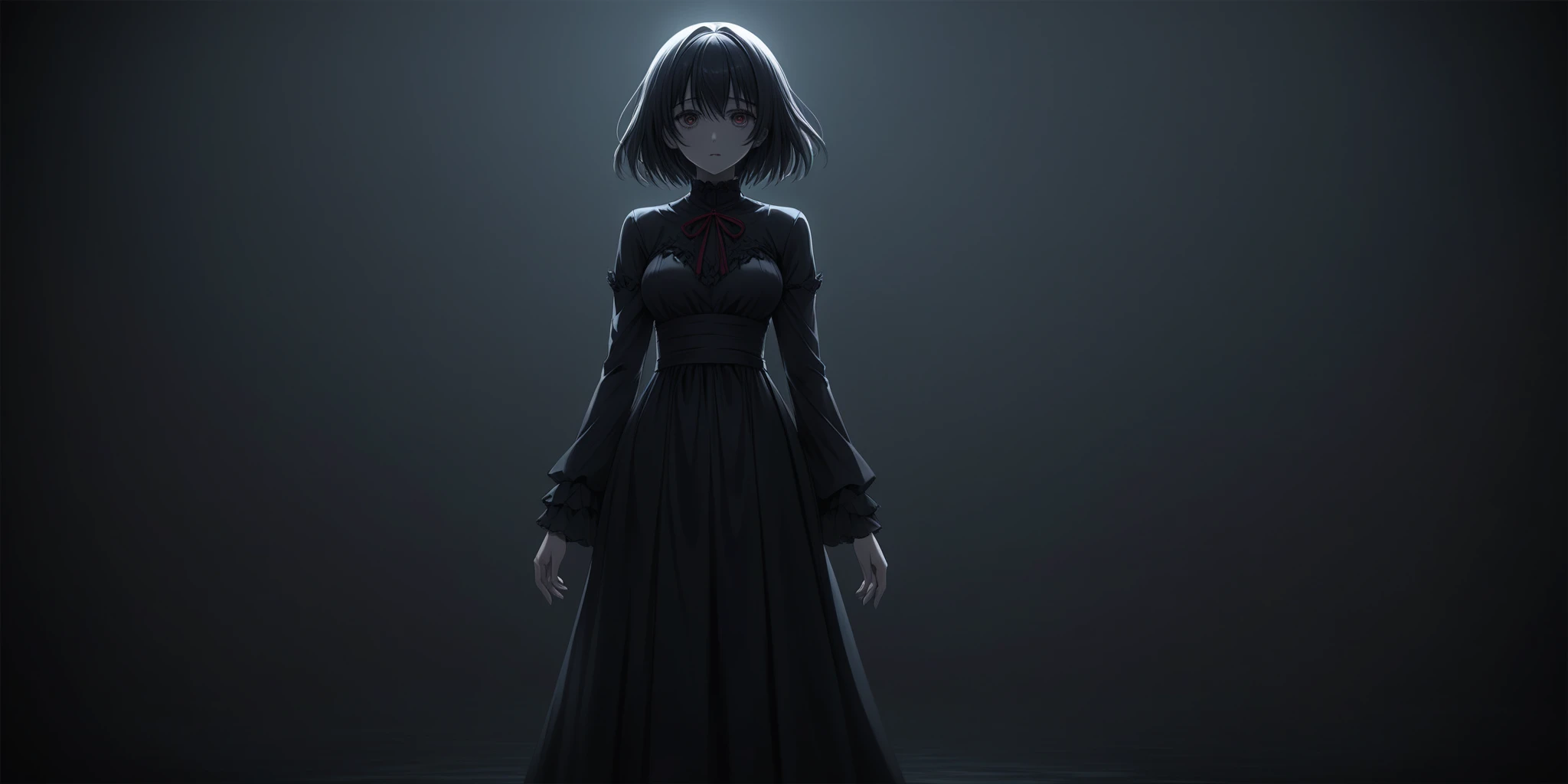 masterpiece, best quality, game cg,
kanzaki ranko,
A scene of true darkness with a single woman standing alone, creating a horror ambiance. The setting is a pitch-black environment, barely illuminated by a faint, eerie light that subtly highlights the woman's silhouette. She appears mysterious and ominous, wearing a long, flowing dress that adds to the chilling atmosphere. Her expression is enigmatic, evoking a sense of suspense and fear. The overall tone of the image is dark and unsettling, capturing the essence of a horror scene.