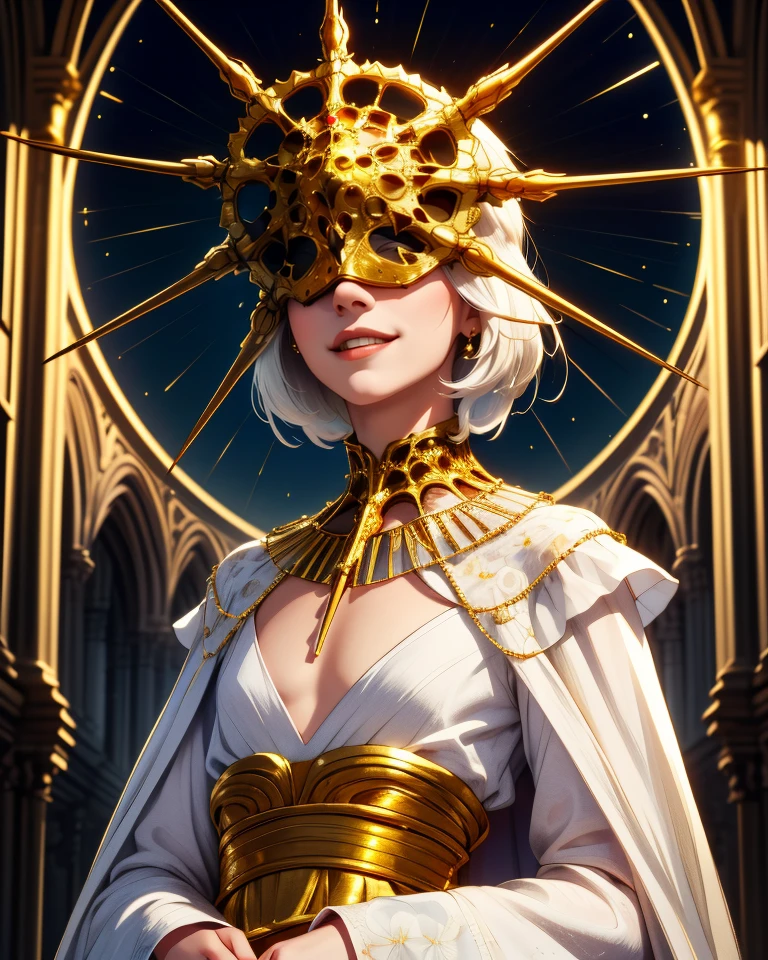 Gwyndolin,white hair,otoko no ko,flat chest,gold mask,covered eyes,
gold jewelry,white dress,long sleeves,light smile,
upper body,
cathedral,moonlight,
(insanely detailed, masterpiece, best quality),<lora:Gwyndolin-10DSv9:0.8>,dynamic angle,l,