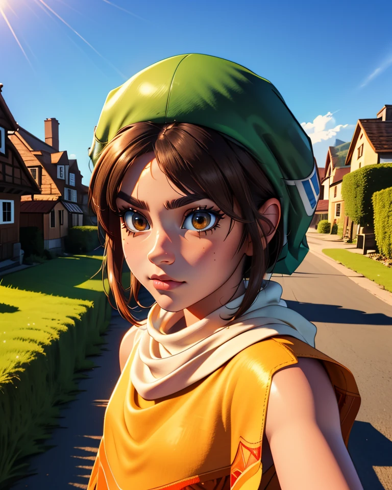 Toan,brown hair,brown eyes,
orange poncho,green hat,white scarf,
small village,outdoors,
standing,upper body,
(insanely detailed, masterpiece, best quality),<lora:Toan-11DCv9:0.8>,