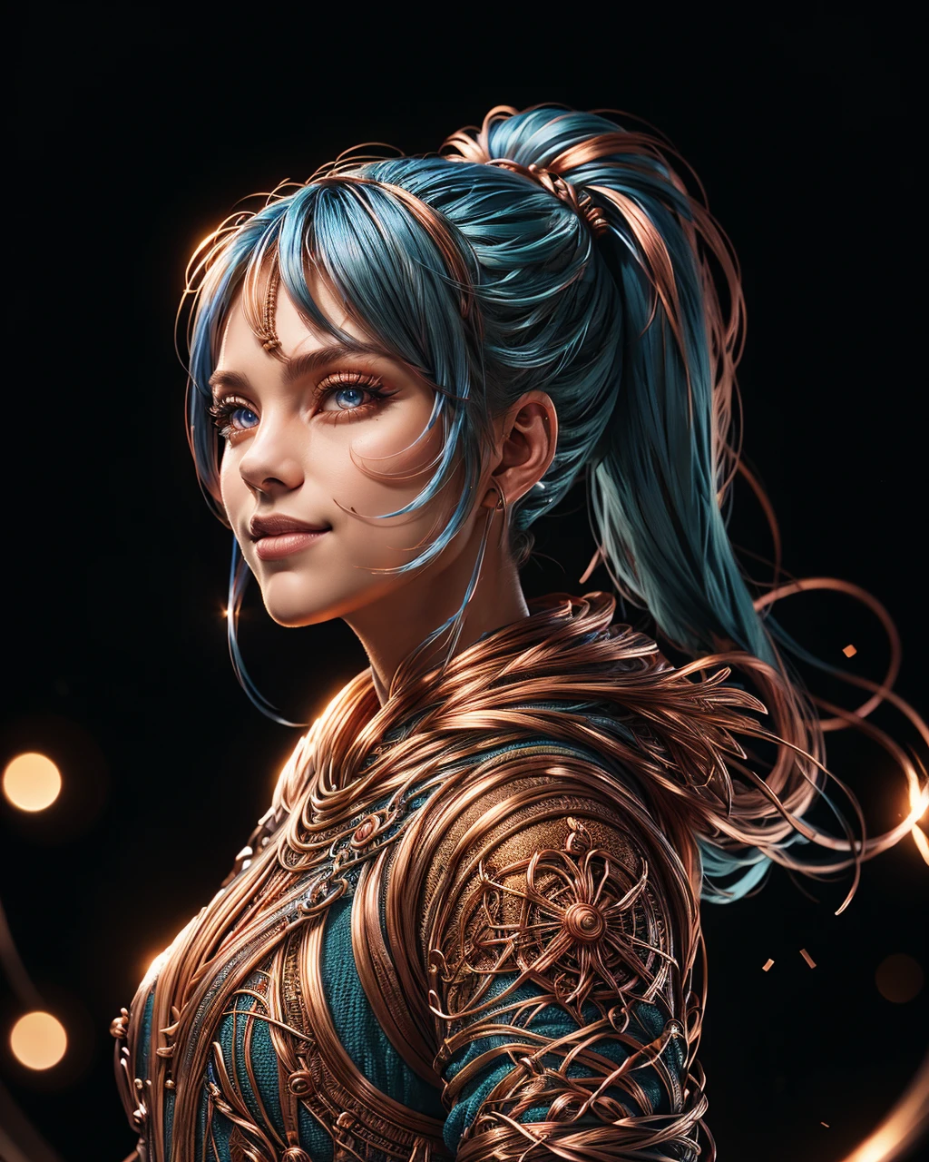 vibrant colors, girl, masterpiece, sharp focus, best quality, depth of field, cinematic lighting, ponytail, blue hair, red eyes, fur armor, mountain, bright smile, night sky, made out of ral-copperwire <lora:ral-copperwire:1> ral-copperwire