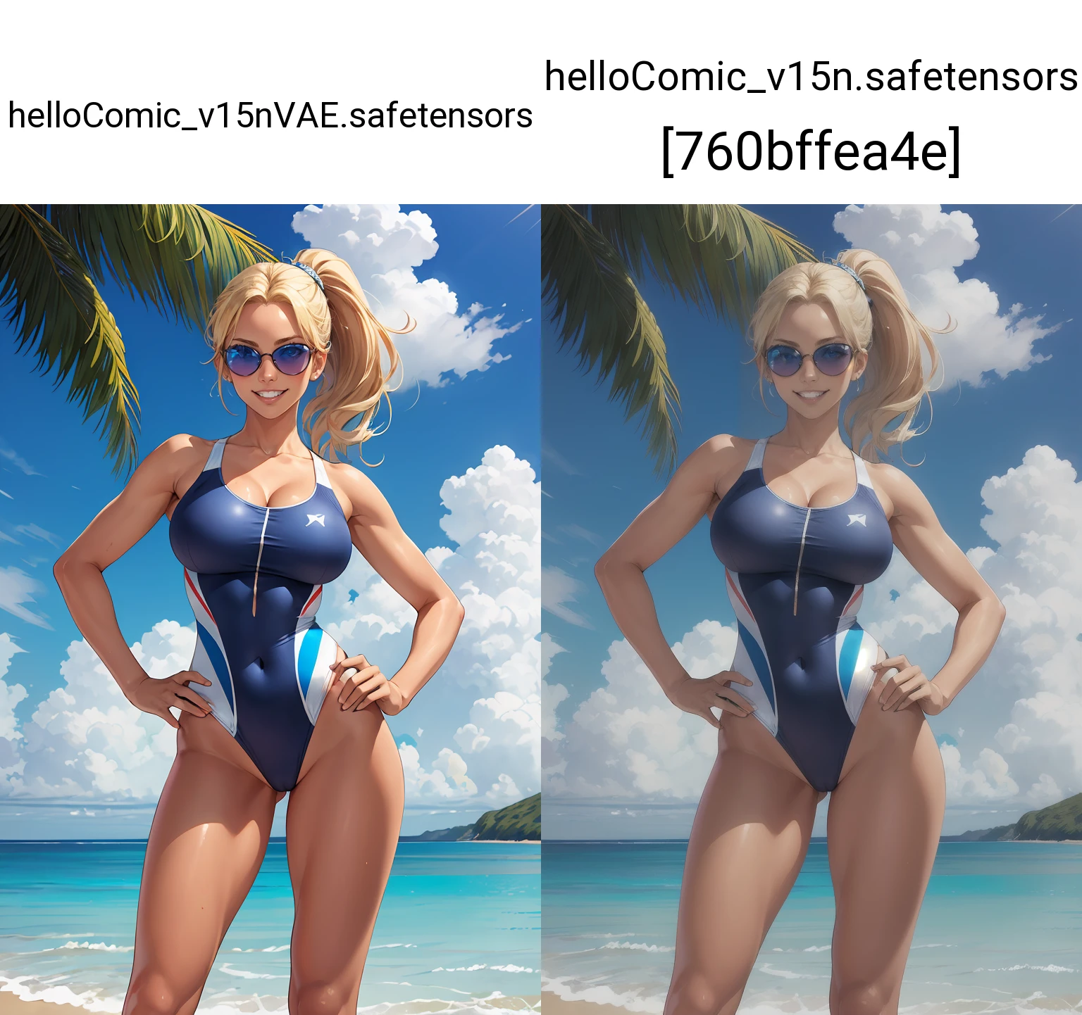 1girl,swimsuit,breasts,solo,smile,one-piece swimsuit,blue eyes,blonde hair,hands on hips,sunglasses,beach,outdoors,eyewear on head,ocean,day,grin,ponytail,looking at viewer,white one-piece swimsuit,covered navel,sky,long hair,cloud,water,cowboy shot,teeth,collarbone,highleg,blue sky,large breasts,lips,cleavage,highleg swimsuit,competition swimsuit,standing,tan,thighs,ass visible through thighs,bare shoulders,muscular female,toned,<lora:GoodHands-beta2:1>,