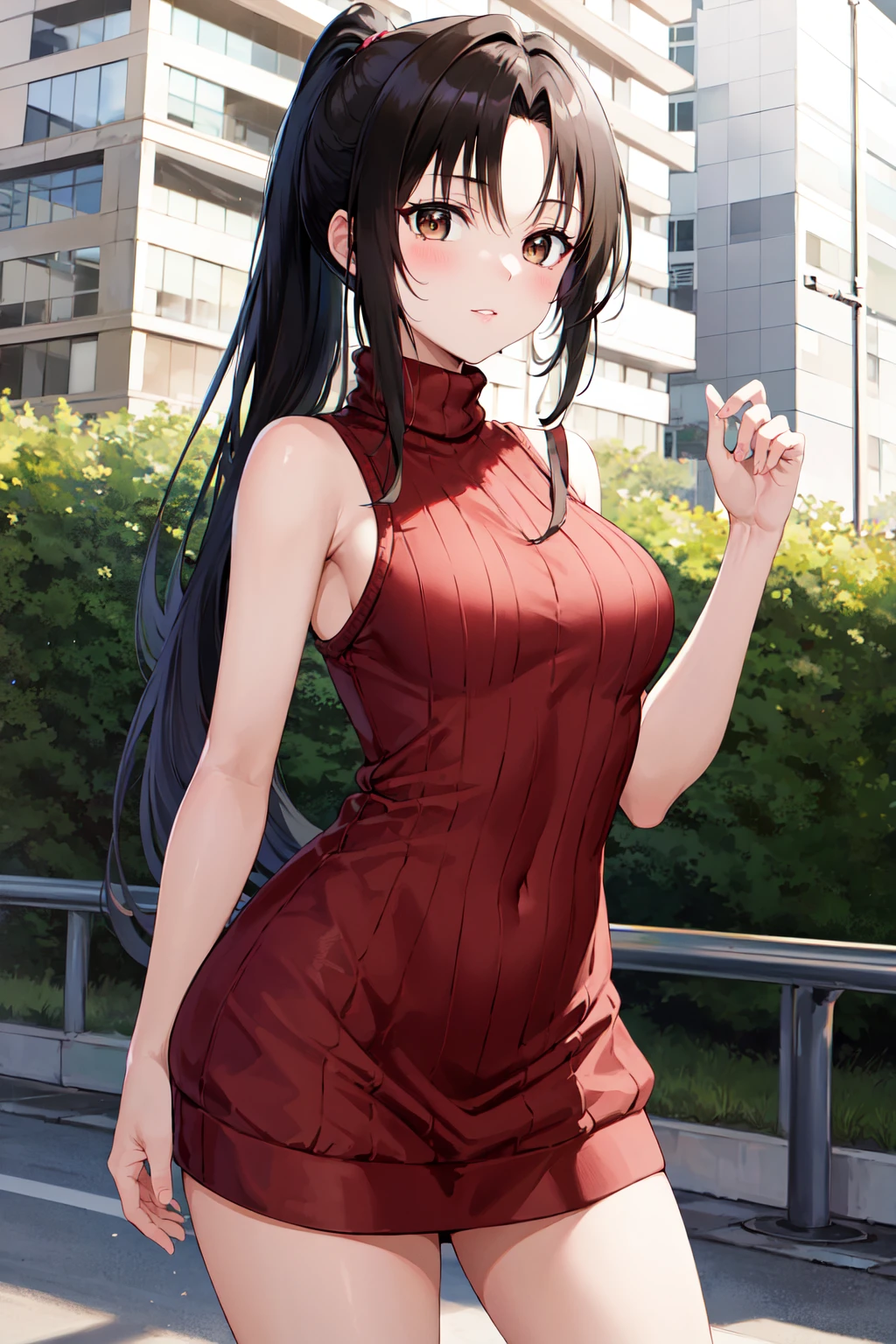 masterpiece, best quality, highres, aayukiko, long hair, hairband, <lora:amagi_yukiko_v1:0.7>, sweater dress, turtleneck, sleeveless, city, smile, cowboy shot