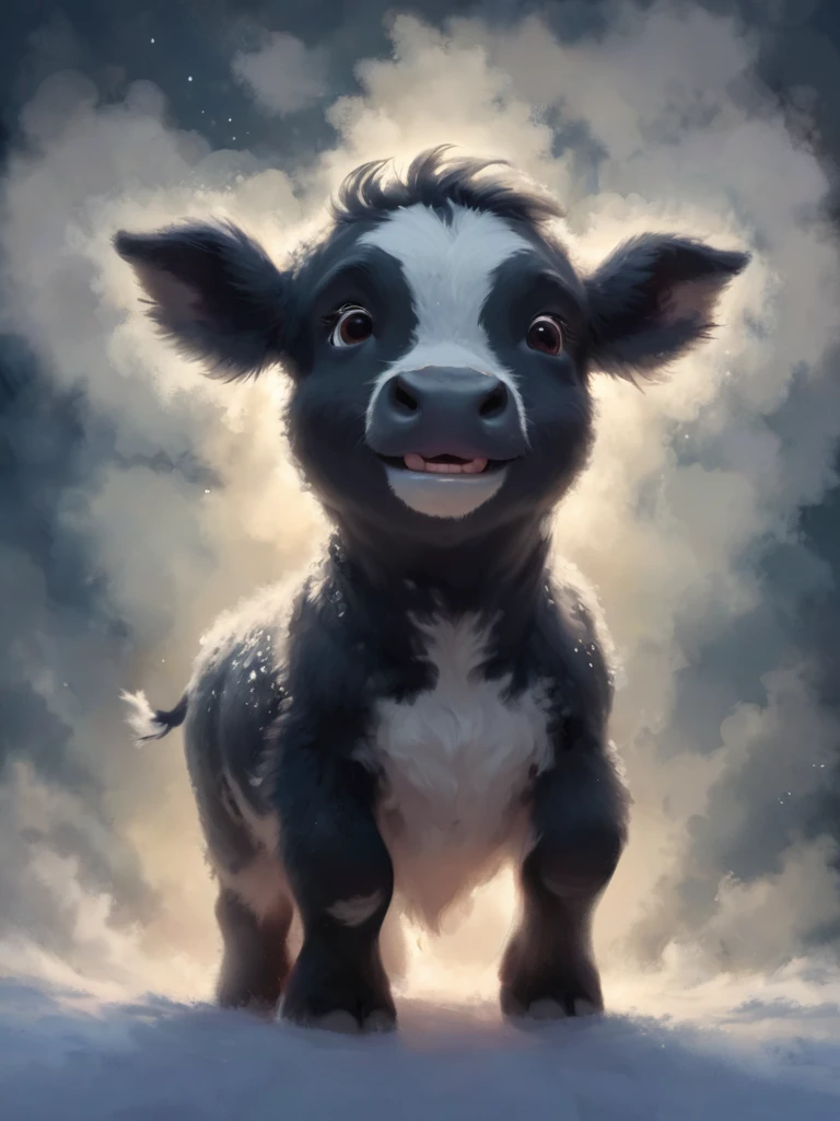 ptm-no2, snowflakes falling onto the head of a cute cow, nighttime, glow, <lora:- SDXL - ptm-no2_style_V1.0:.8>