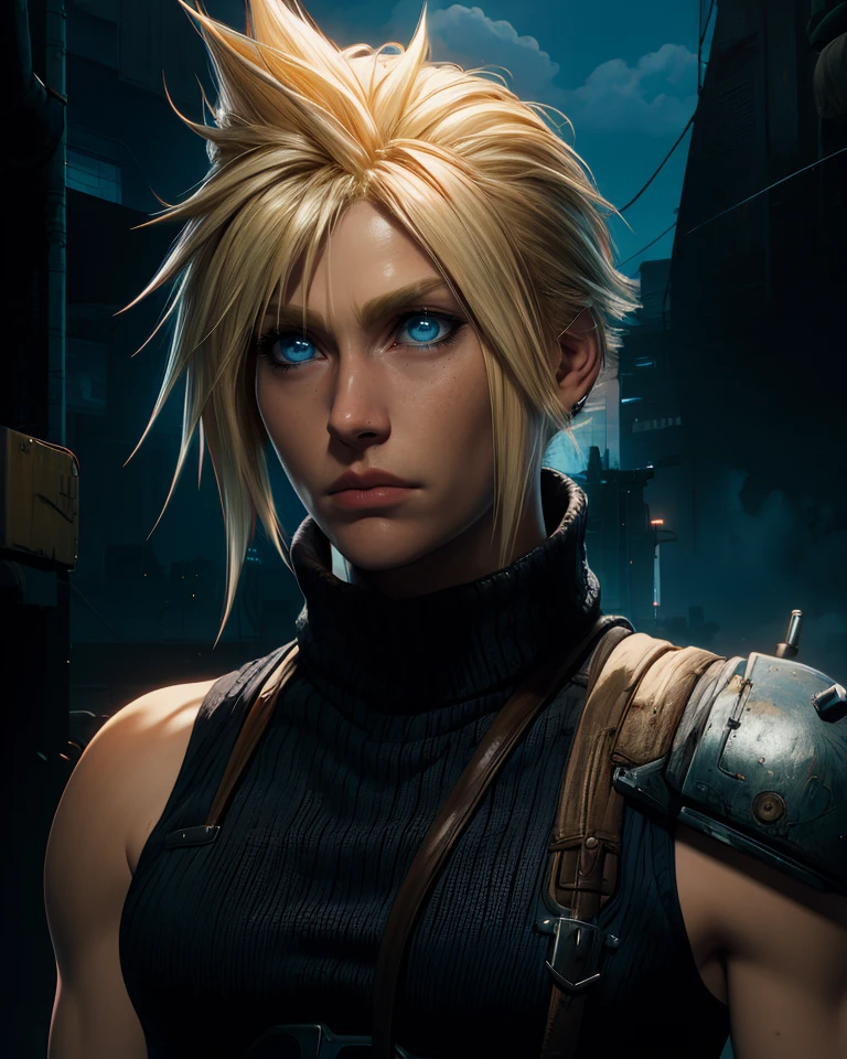 Cloud,blonde hair,spiked hair,blue eyes,solo,
sleeveless,gloves,turtleneck,armor,shoulder armor,sleeveless turtleneck,
standing,upper body,
night,industrial,cyberpunk,(insanely detailed, beautiful detailed face, masterpiece, best quality),<lora:CloudFB-10FFv8:0.8>,