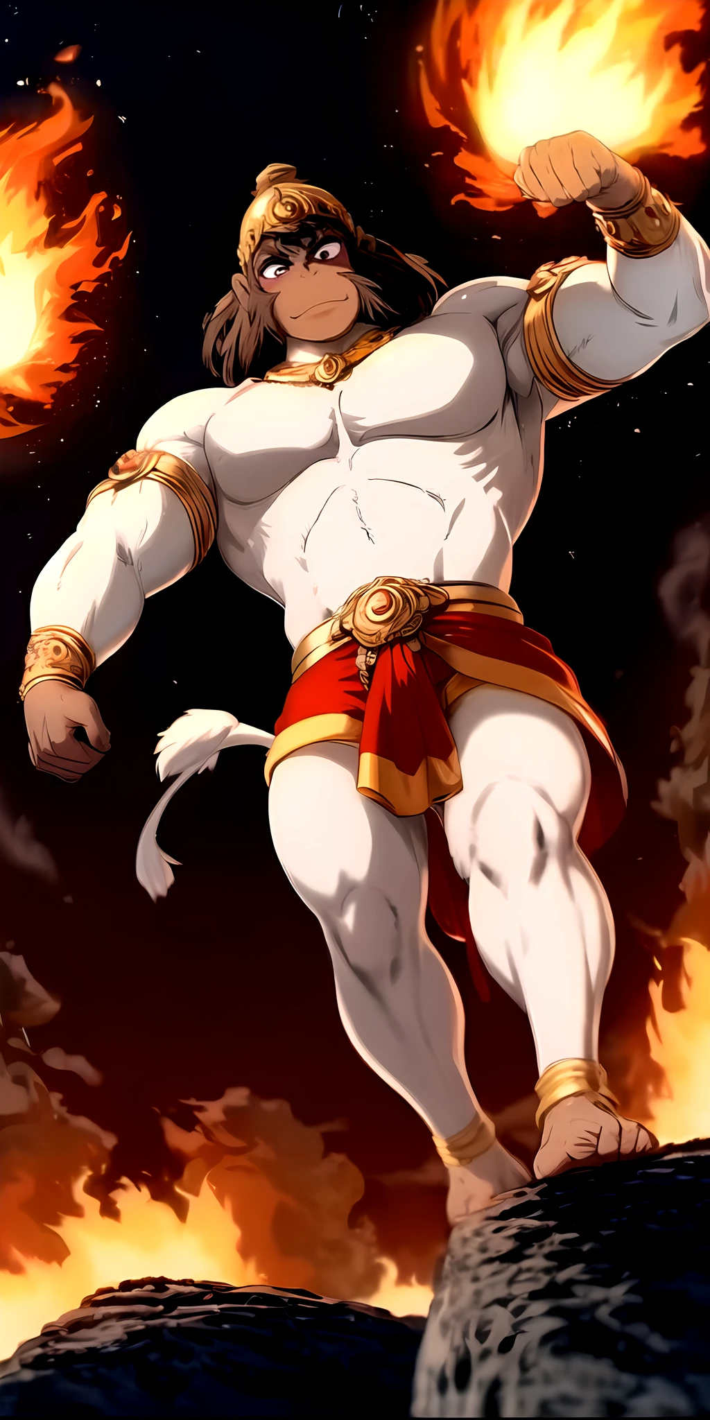 h@num@n, 1boy, black eyes, bracelet, brown hair, dark skin, white furry-skinned male, facial hair, huge gaint man,white aura, fire sky, solo, thick eyebrows, standing tall walking on lava, fire background , <lora:epinoiseoffset:1>, muscular body, red cloth, smile, beautiful brown eyes , low angle from below, <lora:adddetailer:1>, (tail on fire), village burning, symmetrical hand pose,, Wide angle, chaotic cabin in background. vibrant, photorealistic, realistic, dramatic, dark, sharp focus, 8k.