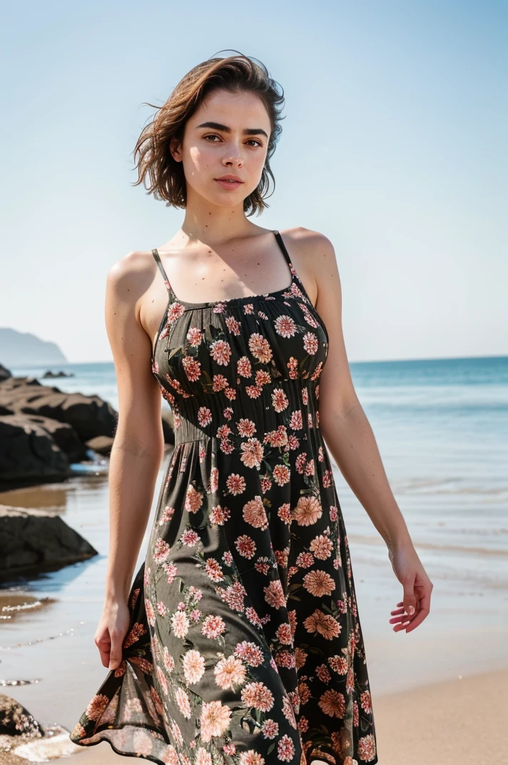 photograph, tv_Solomiya_Maievska_PB_V1, very large breasts, ,(((wearing a floral print sundress))), standing, full body shot, eyeliner, beach, flirting with the camera, walking toward the camera,, epiCRealism, epiCPhoto,  <lora:epi_noiseoffset2:1>,  epiCRealism , f1.4, 40mm, photorealistic, raw, 8k, textured skin, skin pores, intricate details,