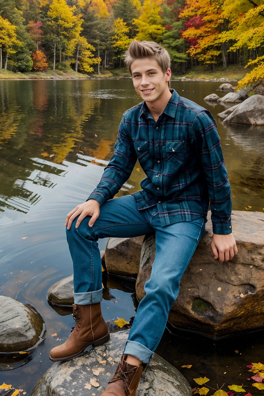 edge of a tranquil lake, forested hill in background, fall foliage, ((sitting on a boulder)), smiling, JackHarrer, wearing flannel shirt, jeans, boots, masterpiece, (((full body portrait))), wide angle, <lora:JackHarrer:0.8>