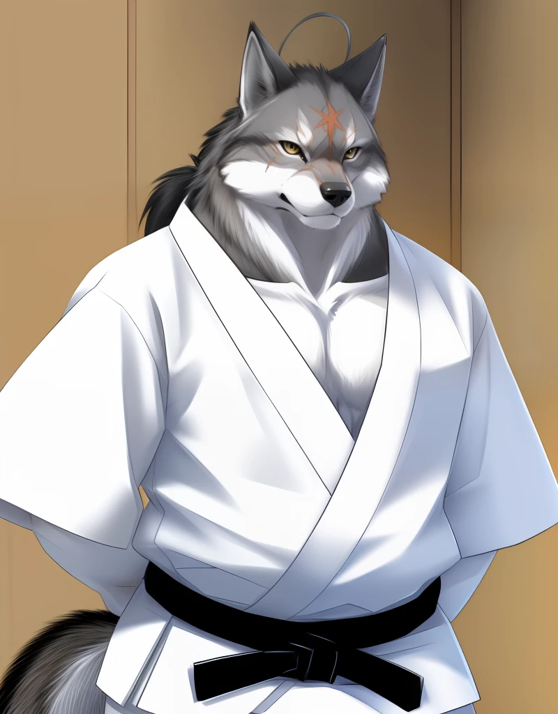 (((detailed eyes, detailed face))), (furry, ten kodori <lora:character_ten_kodori_findigo_v2:1>, long hair, ahoge, wolf boy, snout, scar on face), male, (solo), (plump), (white dougi, martial arts belt, white pants), standing, (arms behind back), smile, (front view) BREAK (konzaburou, ukan_muri, cute), bedroom, (flat shading, flat color, high brightness), 8k, UHD, masterpiece, (full body)