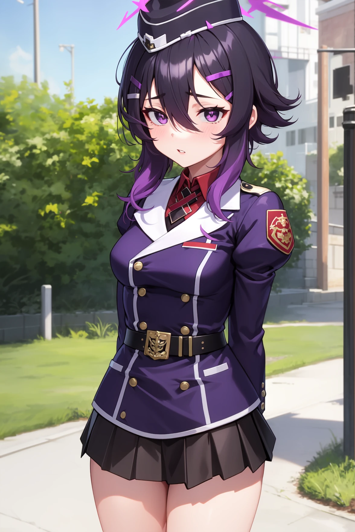 1girl, solo, (masterpiece, best quality), standing, outdoors, street, blush, parted lips, thighs, arms at side, haruka, purple hair, short hair, hair between eyes, sidelocks, hairclip, purple eyes, halo, military uniform, garrison cap, purple jacket, red shirt, collared shirt, long sleeves, juliet sleeves, black belt, miniskirt, pleated skirt, black skirt