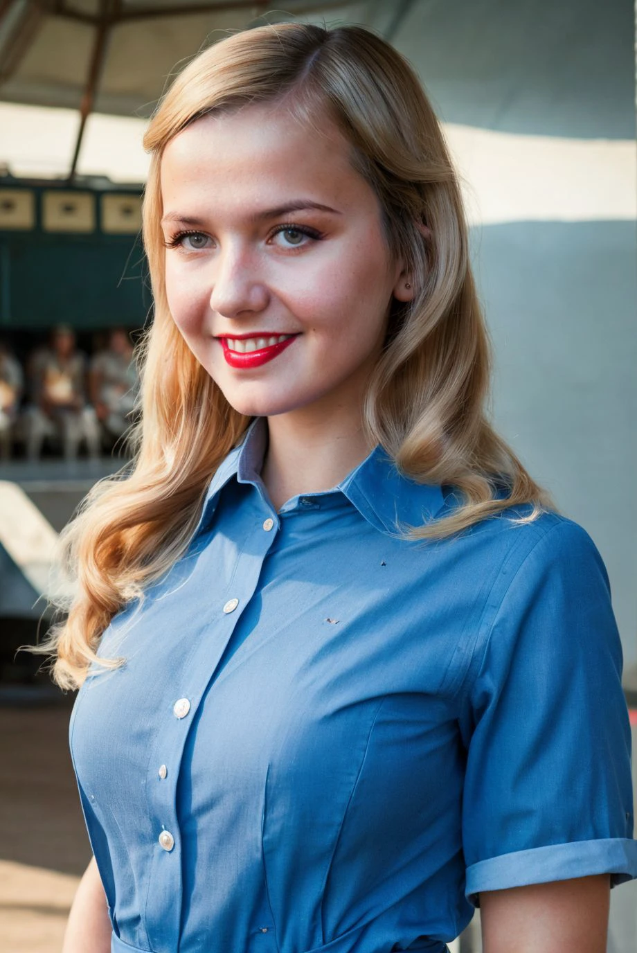 A full color portrait of a beautiful woman wearina a 1940s wartime fashion, Pearl Harbor movie set,lipstick,epic character composition,by ilya kuvshinov, alessio albi, nina masic,sharp focus, subsurface scattering, f2, 35mm, film grain , smile, pale <lora:bellaba:1>
