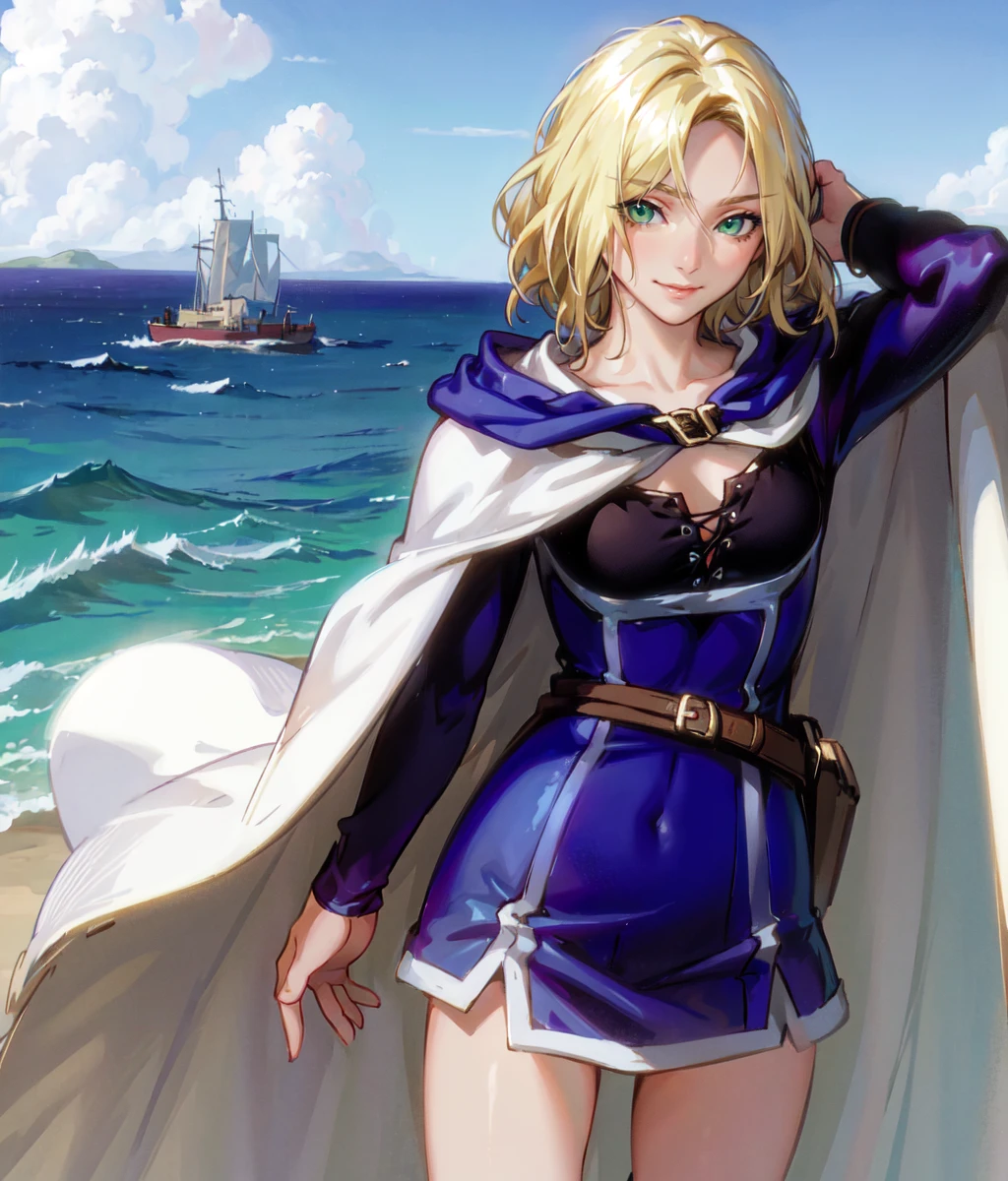 masterpiece, high res, detailed face, detailed eyes, anime screencap, 1 girl, solo, cliff, sea, wind, hand on hair, looking at the viewer. turning around, smile blonde, hair covering one eye, medium hair, green eyes eyes visible under hair, blue dress, black tighs, boots, white cape, closeup. half body <lora:Elza2:1>