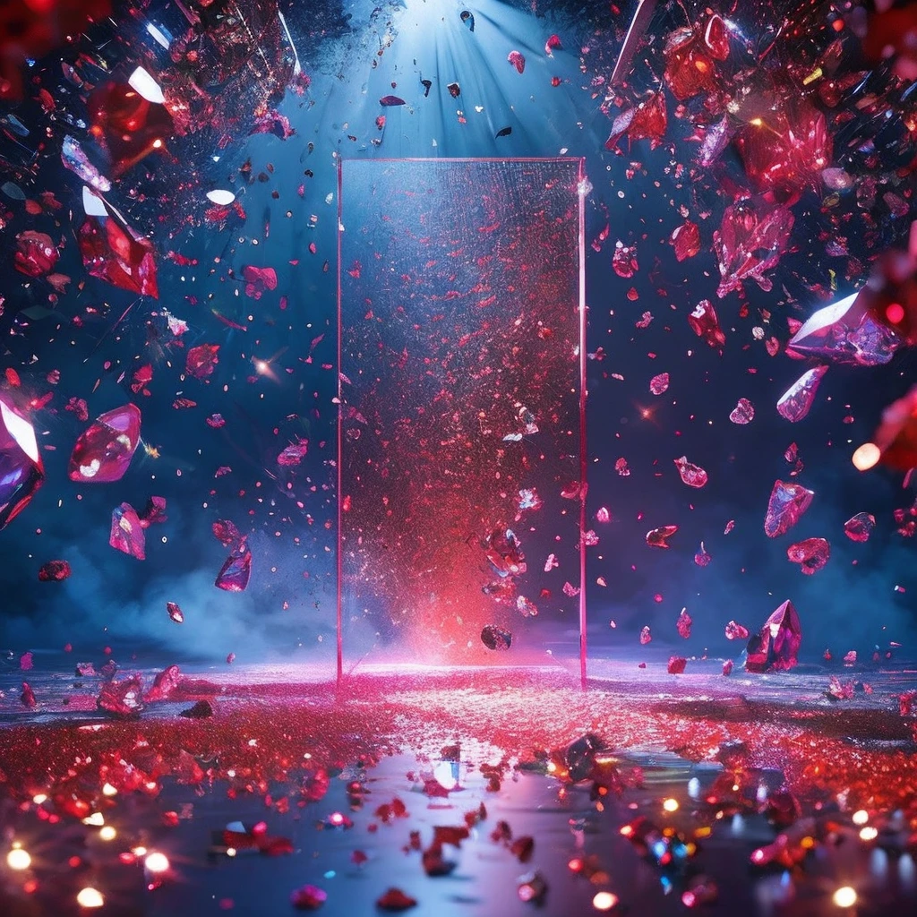 master piece, high quality, clean background booth, scattered ruby, very flash, crystal clear, emitting colorful light, star powder, center composition, split lighting, creative background design, front view, surreal scene, natural rendering, fantasy