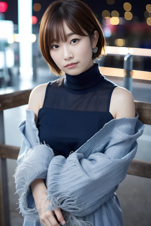 1girl, (wearing a blue off-shoulder knit top:1.2),(RAW photo, best quality), (realistic, photo-realistic:1.4), masterpiece, an extremely delicate and beautiful, extremely detailed, 2k wallpaper, Amazing, finely detail, extremely detailed CG unity 8k wallpaper, ultra-detailed, highres, soft light, beautiful detailed girl, extremely detailed eyes and face, beautiful detailed nose, beautiful detailed eyes,(cinematic lighting:1.4),(in the city at night:2.0),perfect anatomy,(slender body:1.2),(close up face:1.8),(gentle smile,Friendly, warm:2.0),(looking at viewer:1.8),(japanese idol:1.8),(wavy shorthair:1.6), (brown eyes:1.8),(standing and posing:2.0),(cleavage:1.5), <lora:tadokoroazusa_lora-10:0.8>