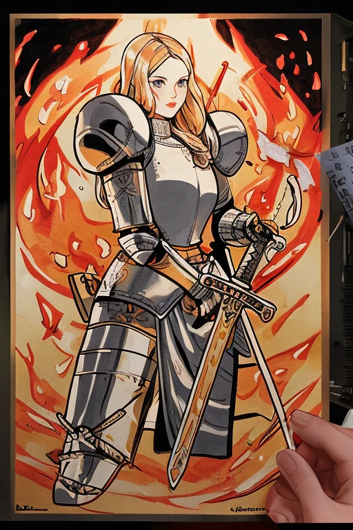 best quality, ultra high res,a drawing of a woman in armor holding a sword, her body made of flames