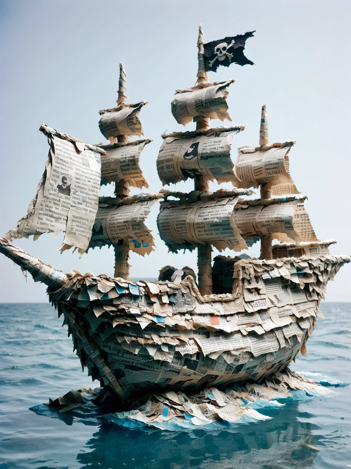 ais-papiermache pirate ship, sailing on the high seas, its crew made entirely of paper mache <lora:Papier_Mache_Style_SDXL:1>