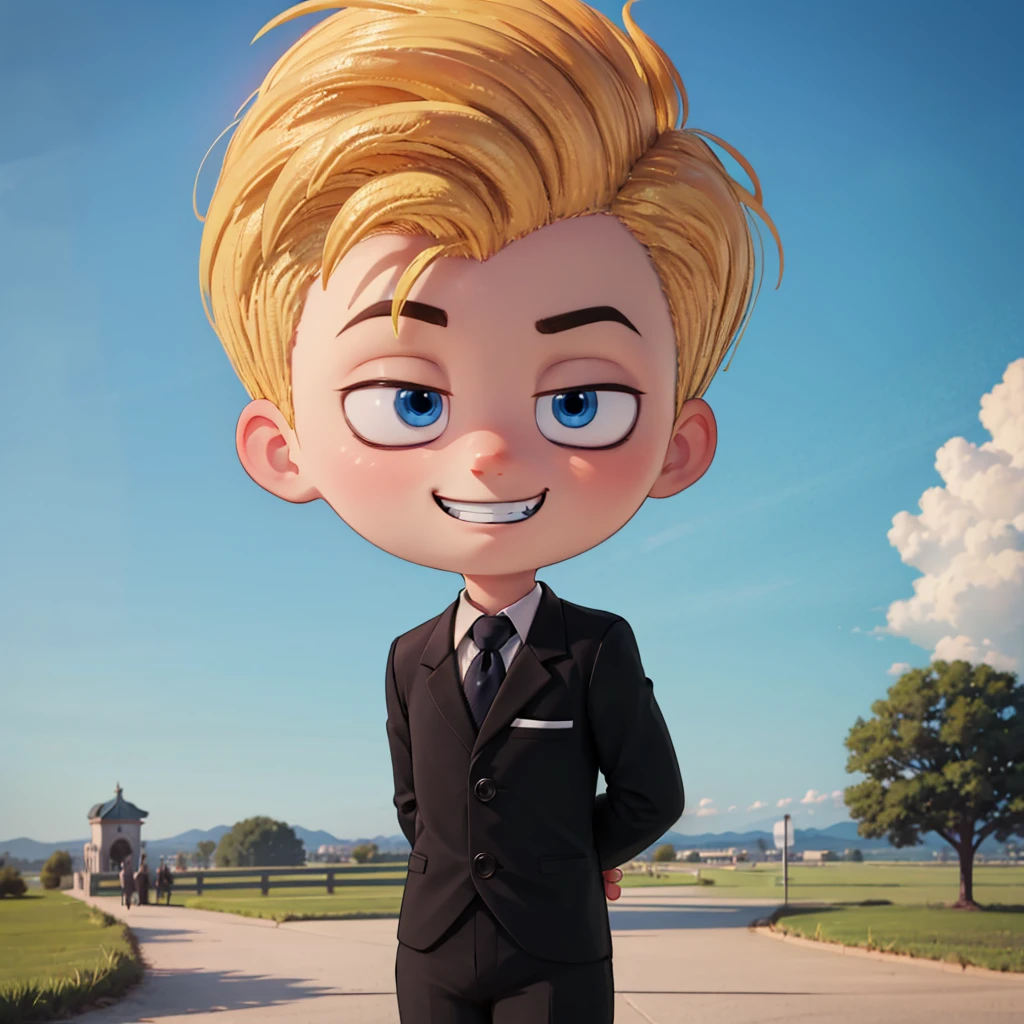 solo, Lou, 1boy, blonde hair, suit, black suit, formal, blue necktie, blue eyes, child, chibi,  ,  <lora:Lou_uglydolls_Leaf2:0.7>,  blue sky, cowboy shot,  arms behind back, evil grin, smile,