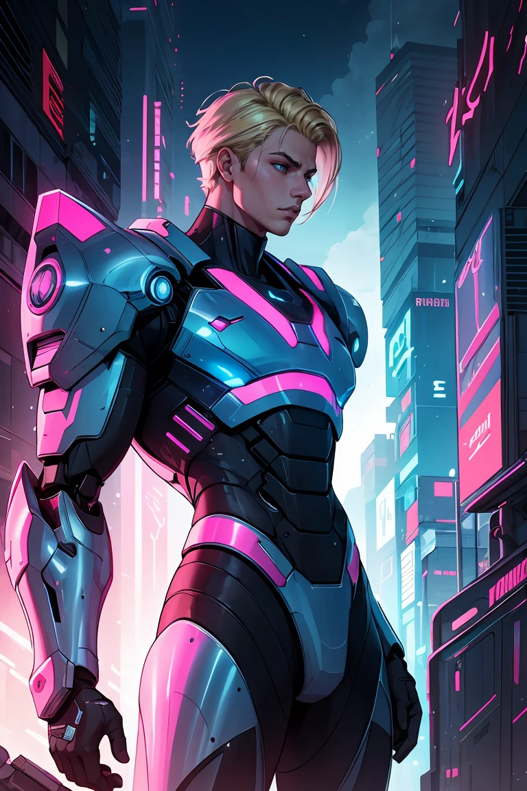 pink and blue holographic colors,cartoon rendering,cinematic shot,best quality,masterpiece,realistic,1boy,beautiful,black armour,mecha,cyberpunk,blonde hair,<lora:GoodHands-beta2:1>,