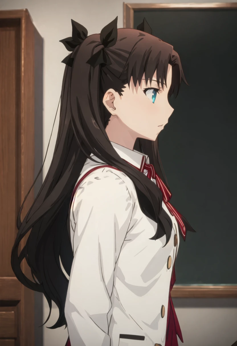 best quality, masterpiece, highres, solo, {tohsaka_rin_fatestaynightufotable:0.90}, 1girl, anime_coloring, homurahara_academy_school_uniform, profile, from_side