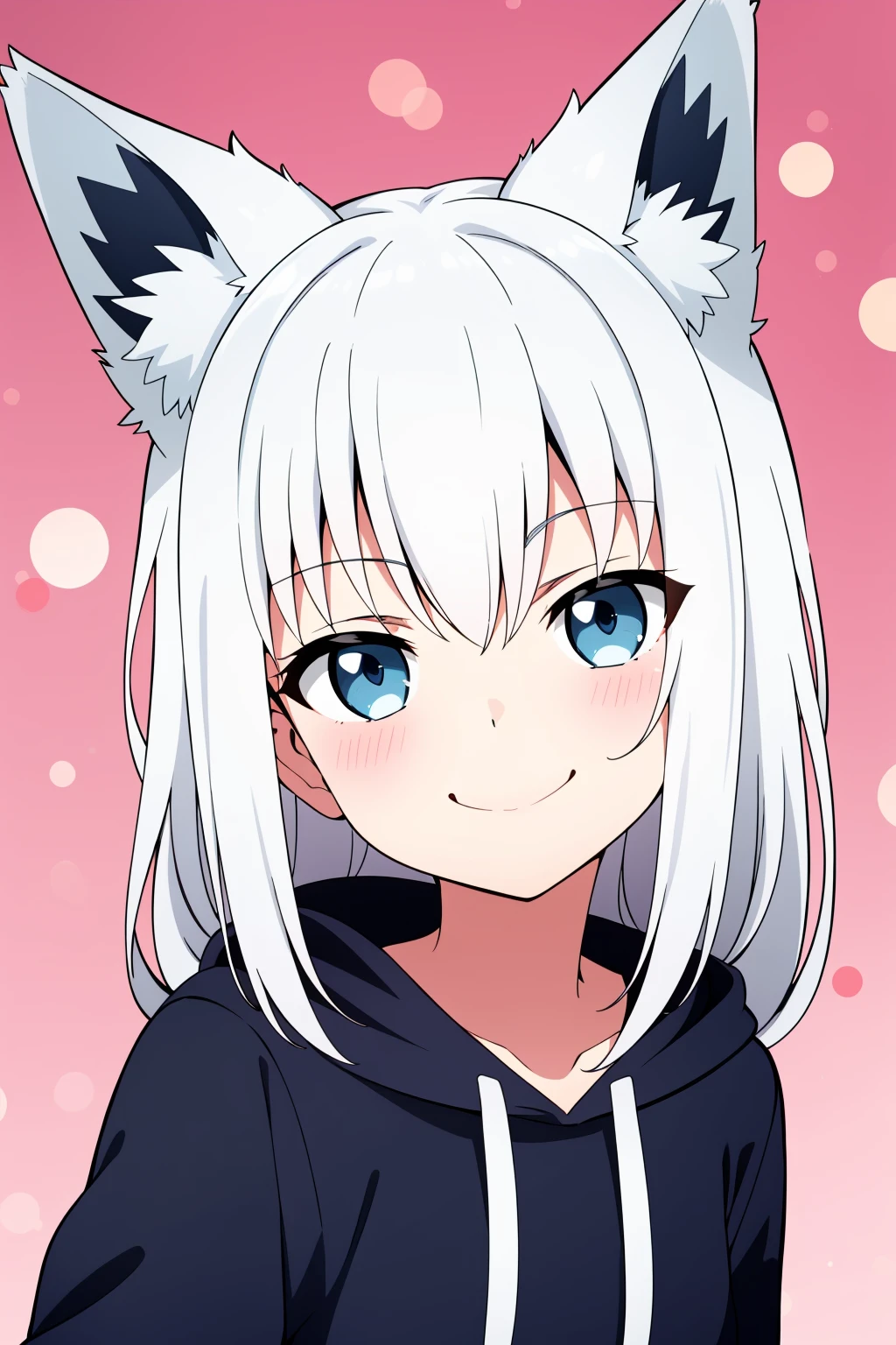 1girl, solo, petite, chibi, shirakami fubuki,
long hair, wavy hair, silver hair, blue eyes, flat chest, black hoodie, head tilt, smile, closed mouth, fox ears, animal ear fluff, selfie, smug,
portrait, pink background, bokeh,
(masterpiece), best quality, expressive eyes, perfect face,
