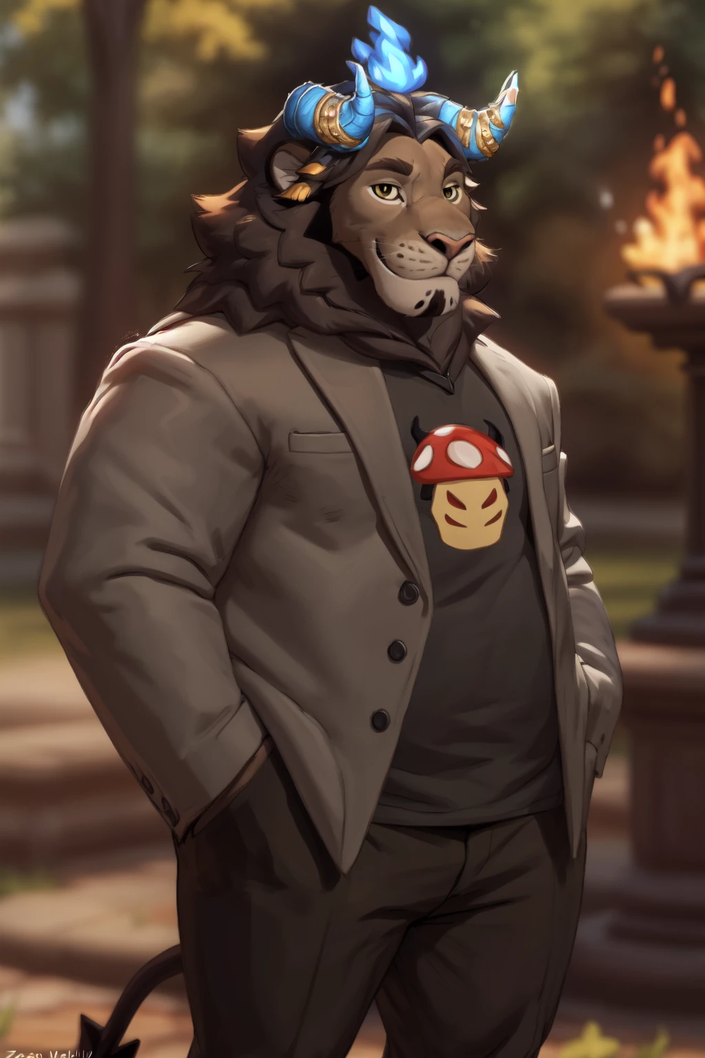 <lora:kobu-09:1>, kobuwtdl, male, chubby, lion tail, (posing:1.3), (soft shading), 4k, hi res, ((detailed face, detailed)), (full body), by zackarry911, by zaush, (by personalami:0.5), shirt, 1boy, jacket, upper body, male focus, blurry, black shirt, blurry background, fire, grey jacket, mushroom, demon lord, portrait, face focus, looking at viewer, smile,