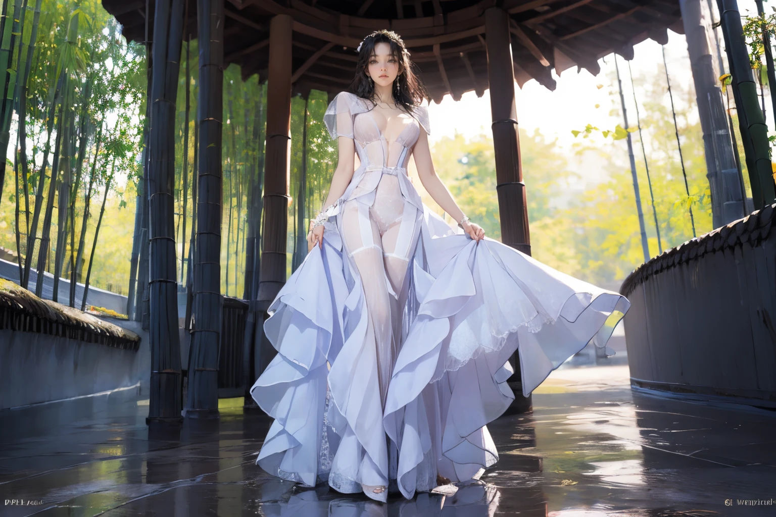 <lora:0135 Chinese red wall_v1:1>,ruanyi0135,outdoors,architecture,bamboo,road,1girl,solo,full body,<lora:0113 Lilac chiffon dress_v1:0.9>, ruanyi0113,wedding dress,, best quality,masterpiece,highres,official art,extremely detailed cg unity 8k wallpaper