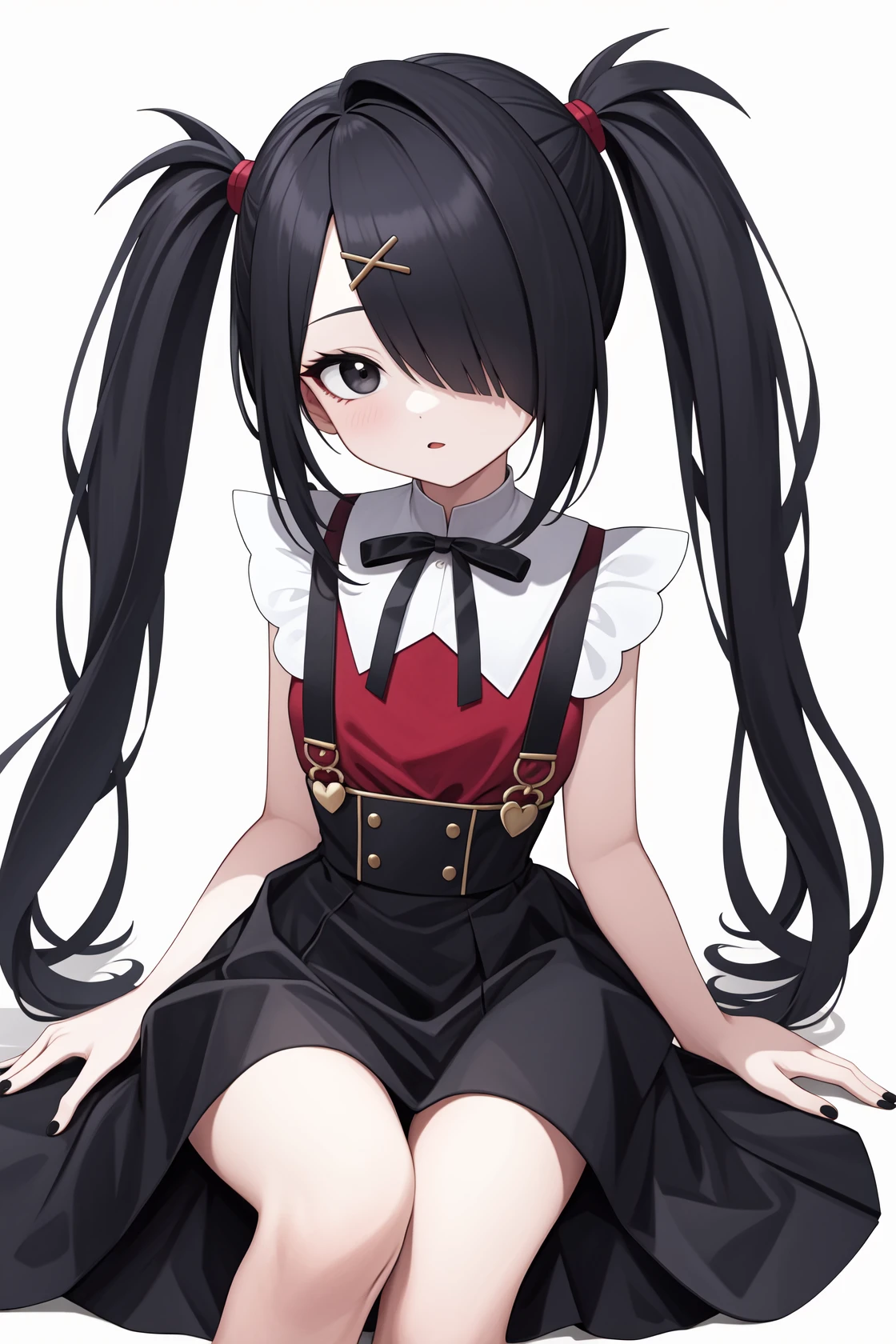 <lora:è¶
天é»:0.8:lbw=char>,chaotian2,twintails,black hair,hair ornament,hair over one eye,x hair ornament,ribbon,suspenders,shirt,black ribbon,skirt,bangs,suspender skirt,neck ribbon,hairclip,black skirt,black eyes,red shirt,black nails,, 1girl,
, (masterpiece,best quality:1.2),absurdres