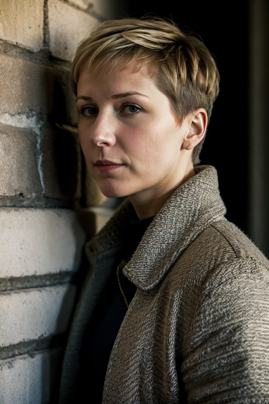 marinagrankova, woman, side profile, leaning against a wall, short hair, jacket,
<lora:MarinaGrankovaSD:0.8>