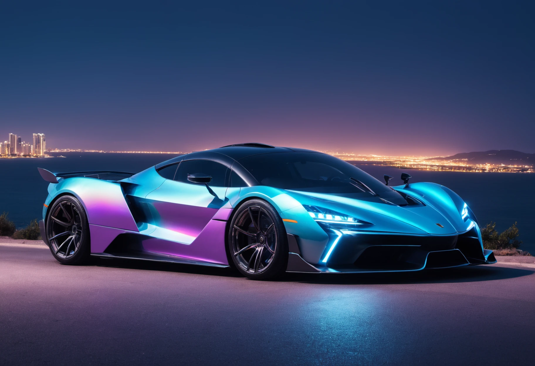 product stock photo of a iridescent ChromaFlair and pearlescent opal coloured cyberpunk hypercar on a road by the sea. the photo should be in the evening, with the neon lights of the car glowing under the volumetric lighting. photo taken with a Fujifilm XT3