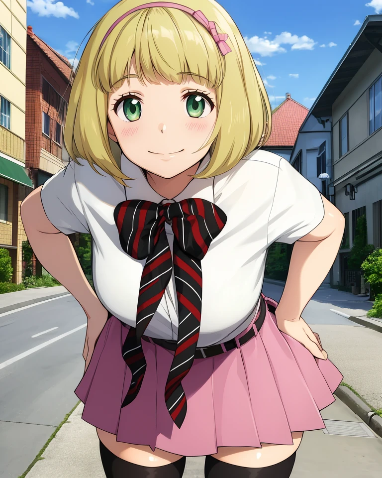 Shiemi,green eyes,blonde hair,short hair,
pink hairband,stripped neck ribbon,white shirt,belt,pink skirt,
standing,black thighhighs, leaning forward,
smile,
street corner,
(insanely detailed, masterpiece, best quality),<lora:Shiemi:0.8>,