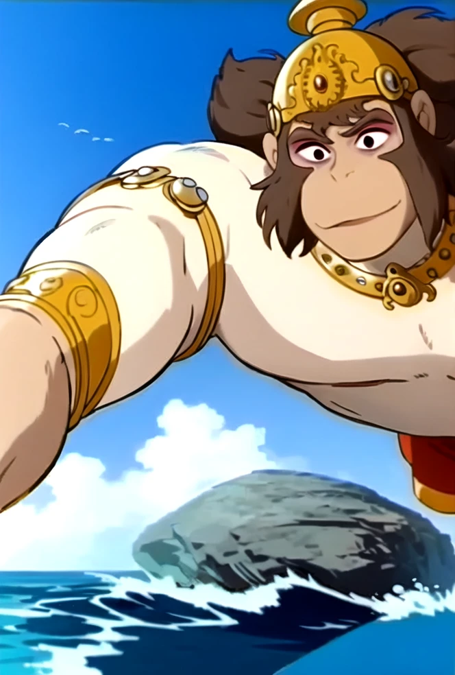1boy, potrait of h@num@n, brown eyes, brown hair, smile, golden head crown, male focus, solo, tail, armlet, muscular, standing tall , anime art style