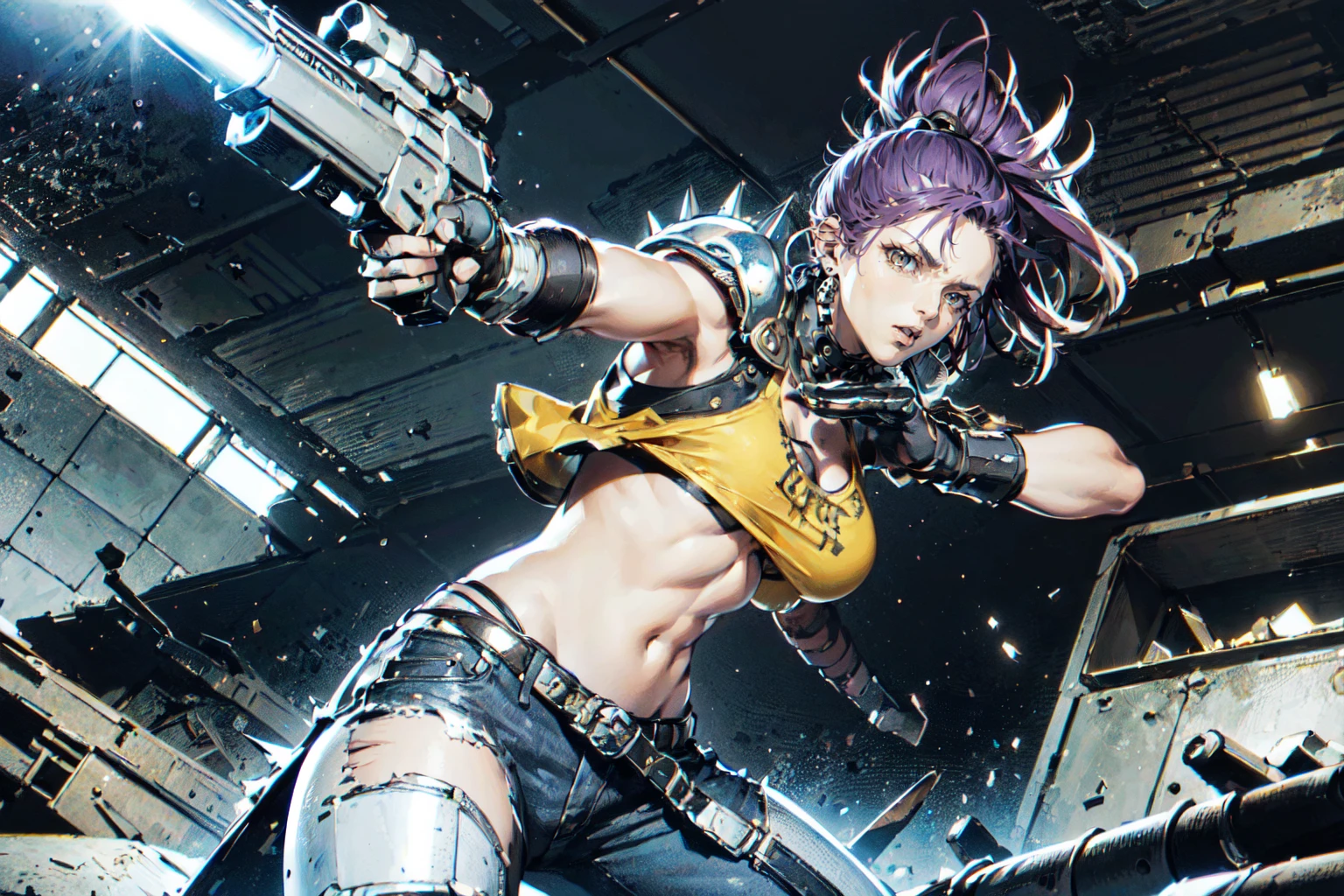((a woman standing, dynamic fighting pose, holding big guns, space with stars, industrial ruins)), beautiful eyes, beautiful girl, high detail skin, high detail eyes, high detail hair, highres, ultra detailed, sharpen picture, Highly detailed, masterpiece, best quality, photorealistic, <lora:LaylaLoRA:0.9> 1girl, long hair, purple mohawk, earrings with skull, necklace with skull, crop leather jacket, spikes, white skull armor on shoulders:, belt with skull, tattoo, yellow torn top, midriff, metallic armguards, leather pants, gun .