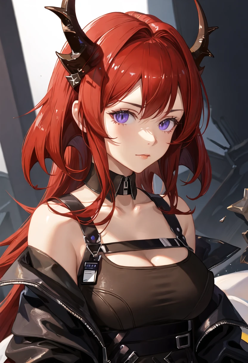 best quality, masterpiece, highres, solo, {surtr_arknights:1.15}, red_hair, long_hair, horns, purple_eyes, bangs, breasts, hair_between_eyes, upper_body, cleavage, demon_horns, very_long_hair, medium_breasts, 1girl, bare_shoulders, black_dress, dress, holding, holding_weapon, looking_at_viewer, sword, weapon, holding_sword, chest_strap, large_breasts, demon_girl, detached_collar, jacket, off_shoulder